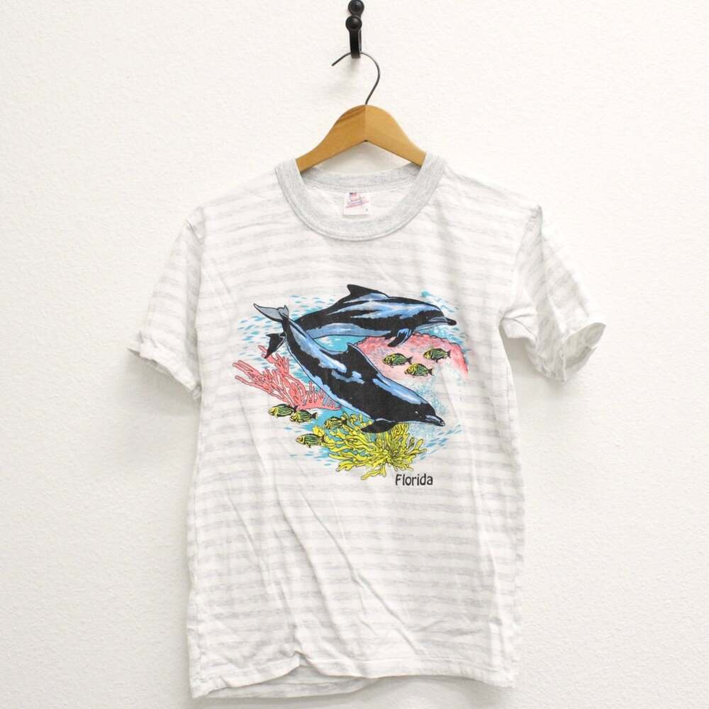 Vintage 90s Florida Dolphins Gray Striped T-Shirt Small